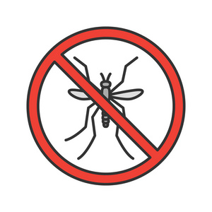 停止蚊子标志颜色图标。 飞虫驱虫剂。 虫害防治。 孤立矢量插图