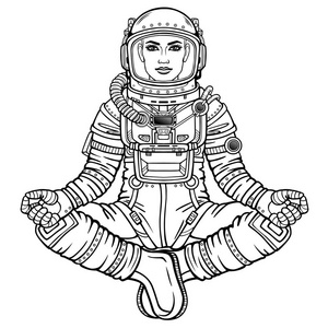 女宇航员坐在佛陀姿势上的动画人物。 在太空中冥想。 在白色背景上隔离的矢量插图。 用于着色博克。 打印海报T恤卡。