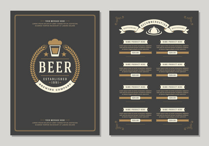 餐厅标志和菜单设计矢量小册子模板。 啤酒杯剪影。