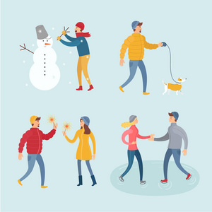 人在冬衣矢量平定..图中展示了发生在他们身上的不同的人和事件庆祝新年，滑冰，一个人雕刻雪人，和狗一起散步等等。