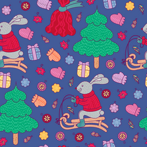 圣诞装饰图案与兔子在雪橇，新年树，包与礼物，礼物，圣诞玩具，针织手套。矢量图案适用于纺织包装装饰卡邀请函和剪贴簿。