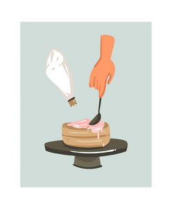 手绘矢量抽象现代卡通烹饪时间有趣的插图图标与女人的手制作一个蛋糕, 在白色背景上隔离。食品烹饪插图概念设计