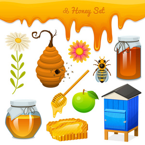 蜂蜜套装, 蜜蜂和蜂巢, 勺子和蜂窝, 蜂巢和蜂房。天然农产品。养蜂或花园, 花甘菊, 苹果和罐子。健康, 有机糖果, 医学例证