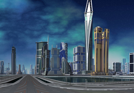 未来城市天际线三维插图