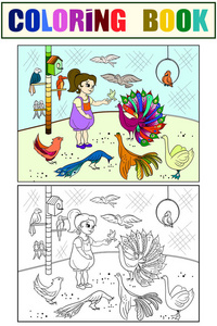 儿童卡通色彩的联系鸟动物园。鸟图画书。女孩的鸟类学。着色, 黑白相间