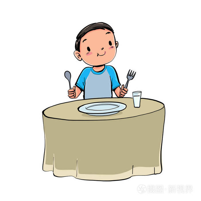 那男孩吃午饭.矢量插图手绘风格隔离背景.