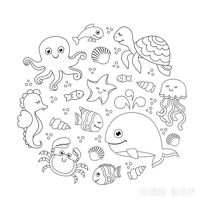海洋里有可爱的海洋动物海下的圆形图案线性绘图