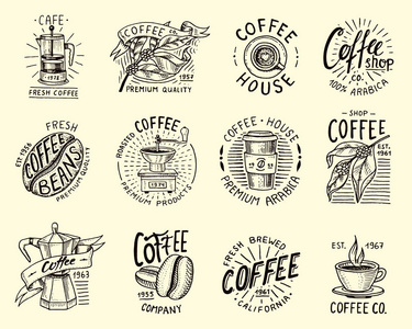 一组咖啡徽标。现代复古元素的商店菜单。矢量插图。徽章设计装饰收藏。框架标签的书法风格。刻在旧素描手绘