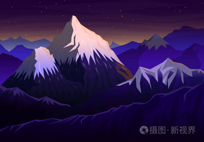 插画 运动,体育 珠穆朗玛峰, 晚上全景与日落的景色和山峰, 景观早在