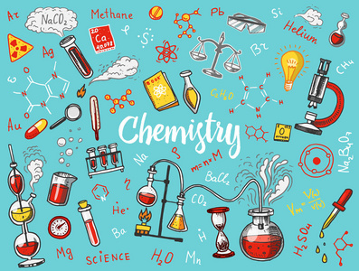 化学的图标设置。黑板与元素, 公式, 原子, testtube 和实验室设备。实验室工作空间和反应研究。科学, 教育, 医疗。