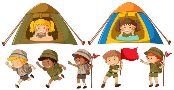 许多孩子在野生动物园的装备运行和露营帐篷