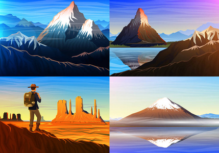 珠穆朗玛峰, 洛文兹麦特洪, 富士与旅游, 纪念碑谷, 清晨全景, 山峰, 景观早在白天。旅行或露营, 攀登, 设置矢量插图。