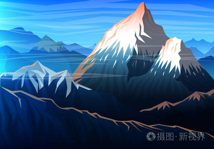 插画 运动,体育 珠穆朗玛峰, 傍晚的山峰全景, 白天的景色早.
