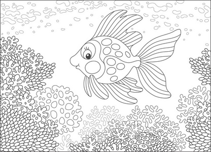 热带金鱼友好的微笑和游泳在惊人的珊瑚，一个黑白矢量插图在一个有趣的卡通风格的书