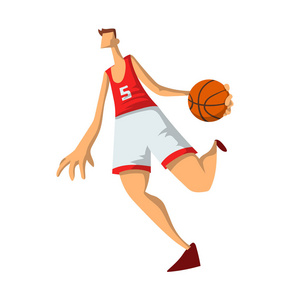 篮球运动员以抽象的扁平风格。玩篮球的人。在白色背景上隔离的矢量插图