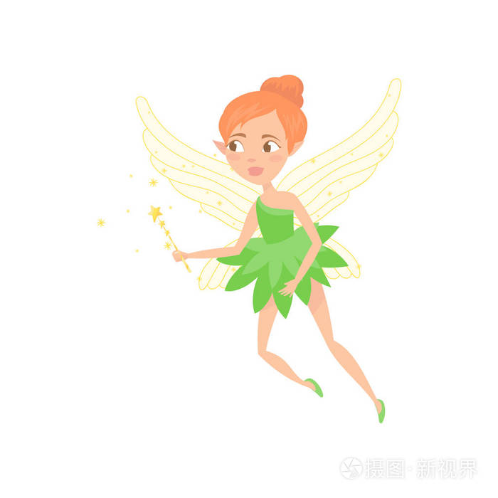 可爱的童话人物与精灵的耳朵和翅膀.穿绿色衣服的小精灵.
