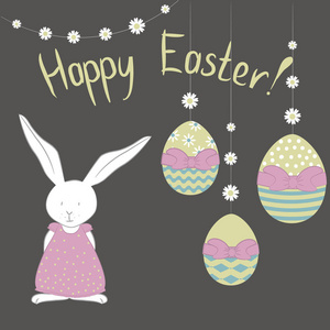 复活节卡片与可爱的复活节兔子彩色鸡蛋和春天的花在黑暗的背景。 矢量图。
