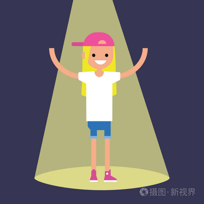 年轻成功的金发女孩站在聚光灯扁平edi