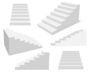 创意向量插图3d 内部楼梯, 白色舞台设置隔离在透明的背景。艺术设计楼梯台阶集合。抽象概念图形业务图表元素