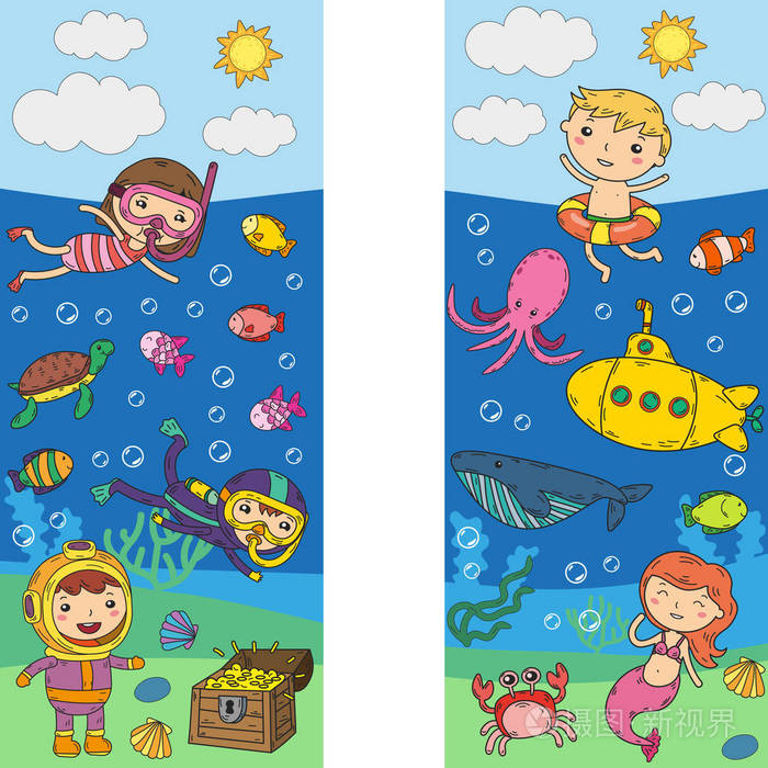 孩子们的水上乐园海洋和海洋探险.夏季.孩子们画画