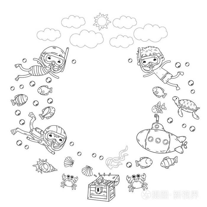 孩子们的水上乐园海洋和海洋探险.夏季.孩子们画画