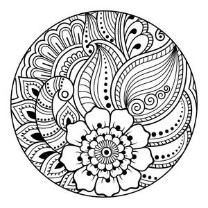 勾勒圆形花卉图案，以着色书籍页。 成人和儿童抗应激着色。 黑白涂鸦图案。 手绘矢量插图。