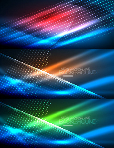 一套霓虹灯发光的波浪和线条, 闪亮的灯光效果数字技术的运动背景。黑暗空间魔术矢量插图的收集