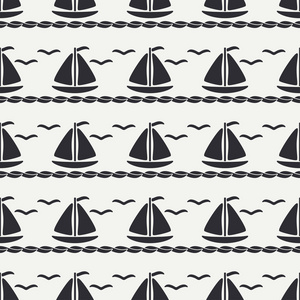 平线单色矢量无缝图案远洋船帆。简化复古。卡通风格。赛.海鸥.暑假。游艇.艺术.插图和元素的设计壁纸