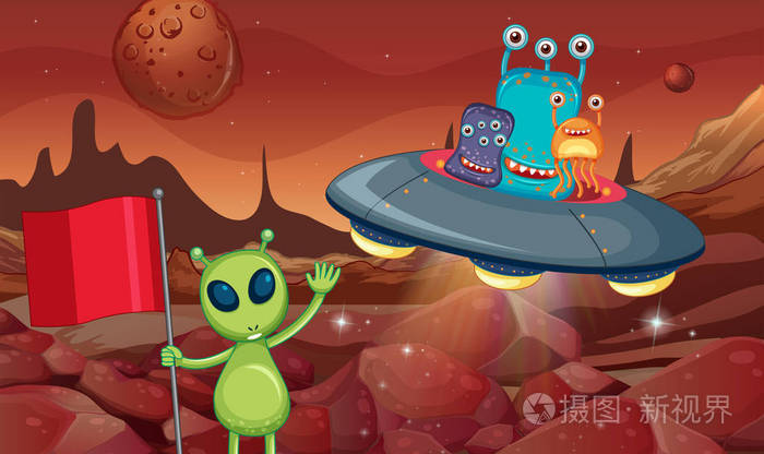 外星人在飞碟中飞行 在行星表面插画-正版商用图片11ixa4-摄图新视界