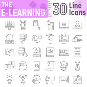 E 学习细线图标集, 在线教育符号收集, 矢量草图, 徽标插图, 互联网教程标志线性象形图包隔离在白色背景, eps 10