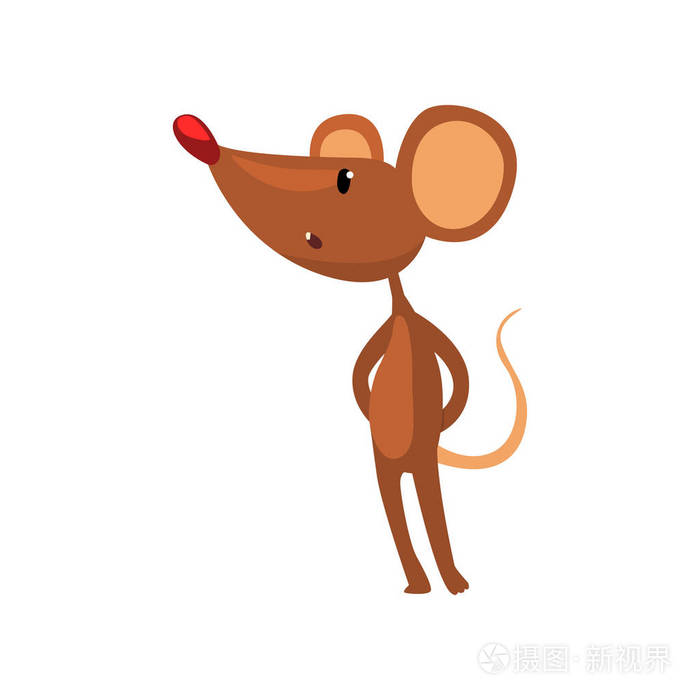 可爱的棕色老鼠站在两条腿上滑稽的啮齿动物字符卡通矢量插图白色背景