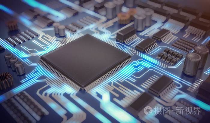 电子线路与芯片的 3d 渲染的图