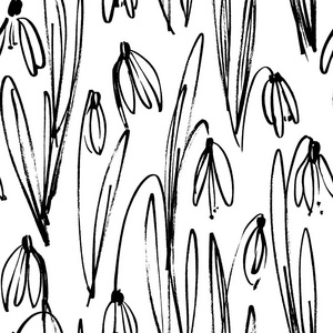矢量无缝图案与墨画雪花莲花草单色艺术植物学插图花卉背景手绘插图