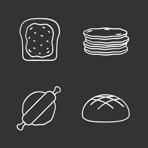 烘焙粉笔图标设置。烤面包加果酱，煎饼堆，擀面杖和面团，黑麦面包。孤立矢量黑板插图