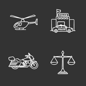 警察粉笔图标设置。 直升机摩托车司法天平警察局。 孤立矢量粉笔插图
