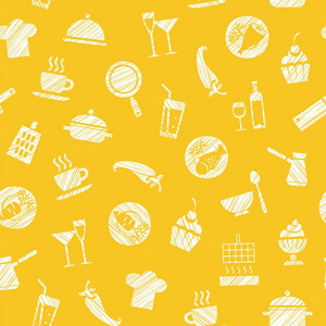 烹饪无缝图案黄色矢量。 盘子和食物。 用白色铅笔在黄色的田野上孵化。 模仿。 矢量模式。