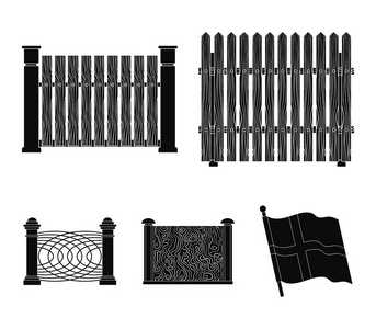 金属和砖块的栅栏, 木栅栏。一个不同的围栏集图标黑色风格的矢量符号股票插图网站
