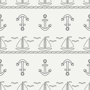 平线单色矢量无缝图案远洋船帆, 锚。卡通复古风格。赛.海鸥.暑假旅行。游艇.插图和元素的设计壁纸