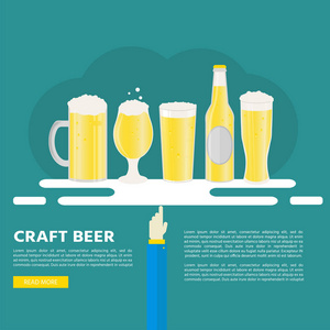海报或横幅, 啤酒瓶, 杯子, 眼镜。矢量图标 w