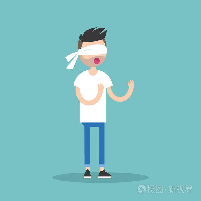 年轻的蒙眼胡子男子试图找到正确的方向