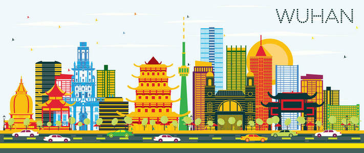 武汉中国城市天际线与彩色建筑和蓝天