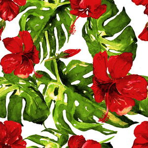 水彩无缝图案。手绘的热带树叶和花朵插图。热带夏季主题芙蓉图案
