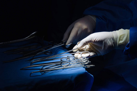 外科医生手拿剪刀钳和手术器械放在桌子上，与同事一起在医院急诊手术室工作，医学概念