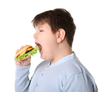 肥胖男孩与汉堡在白色背景图片