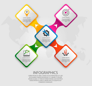 现代矢量插画3d。模板图表与五个元素矩形。专为商务演示网页设计图带5步选项零件而设计。概念逐步