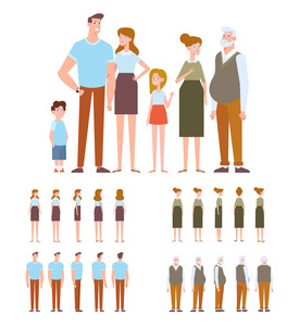 家庭角色创作集妈妈，爸爸，孩子，祖父，祖母。 正面背面观看动画人物。 平面矢量插图。
