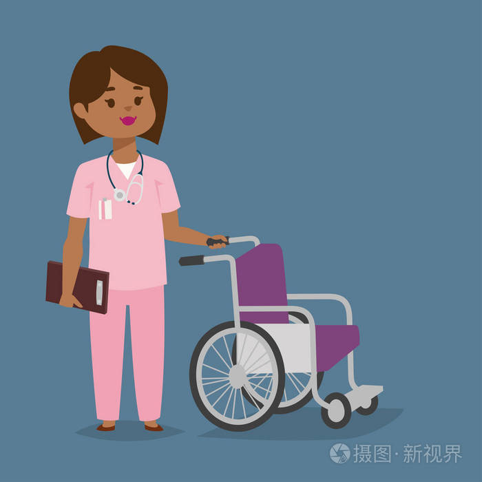 医生护士字符矢量医务妇女工作人员与禁用轮椅扁平设计医院团队人博士