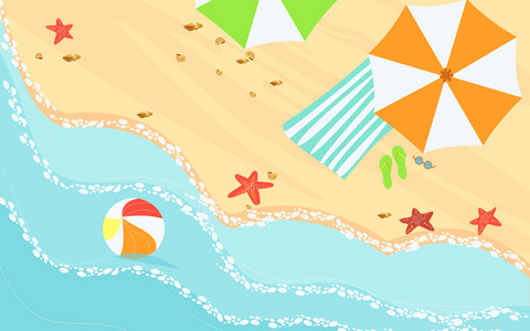 在沙滩, 沙子, 毛巾, 雨伞, 拖鞋和球上的蓝色海洋水的顶部视图的矢量插图。卡通平面风格的夏日插画