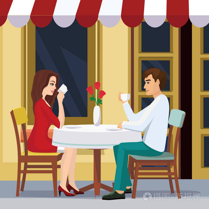 矢量插图可爱的情侣正在咖啡馆里喝咖啡.一个男人和一