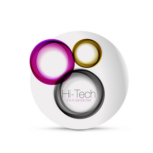 圈子网布局数字技术球形网页横幅, 按钮或图标以文本。有光泽的漩涡颜色抽象圆圈设计, 高科技未来标志与色环和灰色金属元素